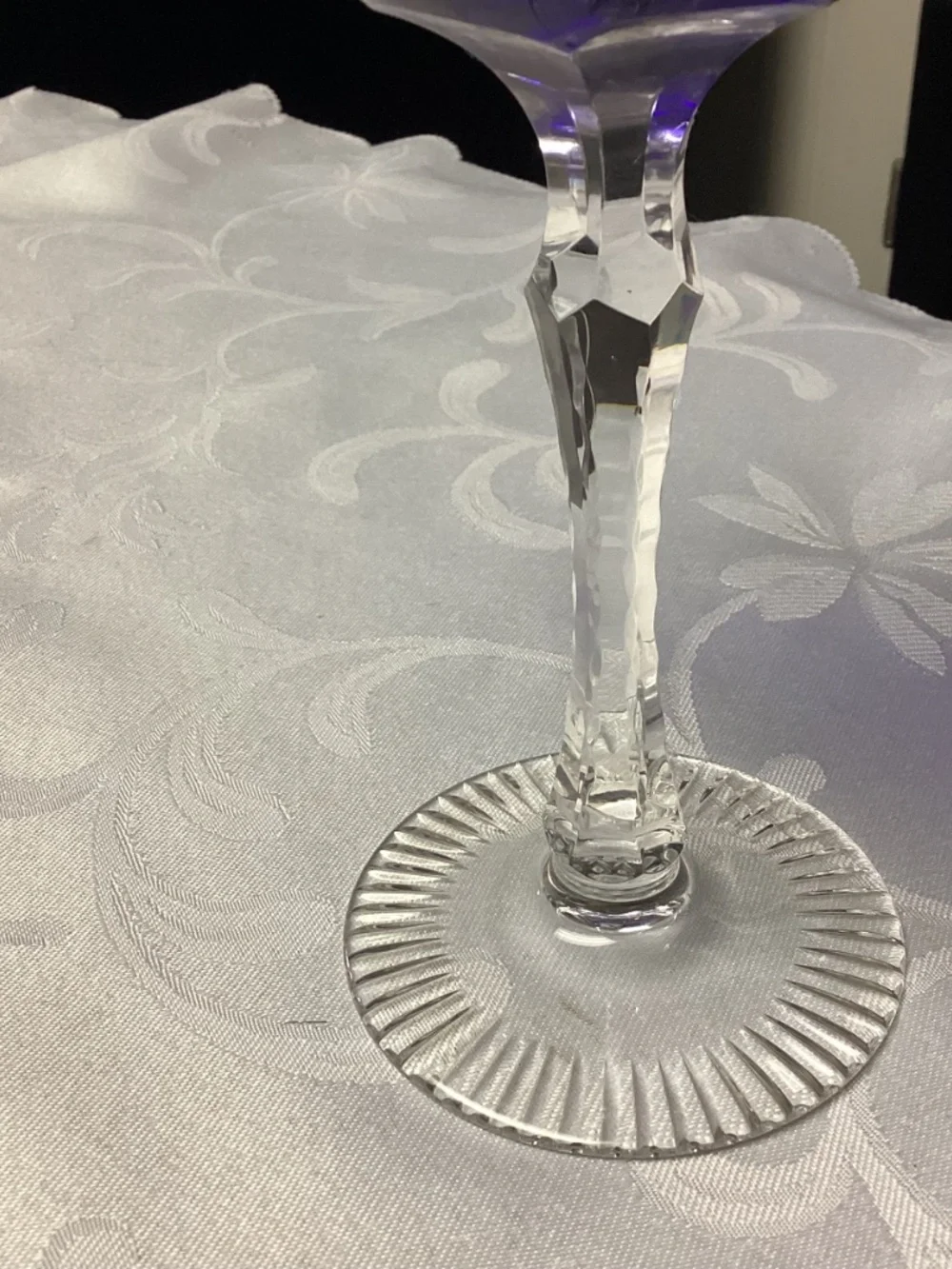 BLUE ETCHED WINE GLASS. COBALT BLUE HOCK